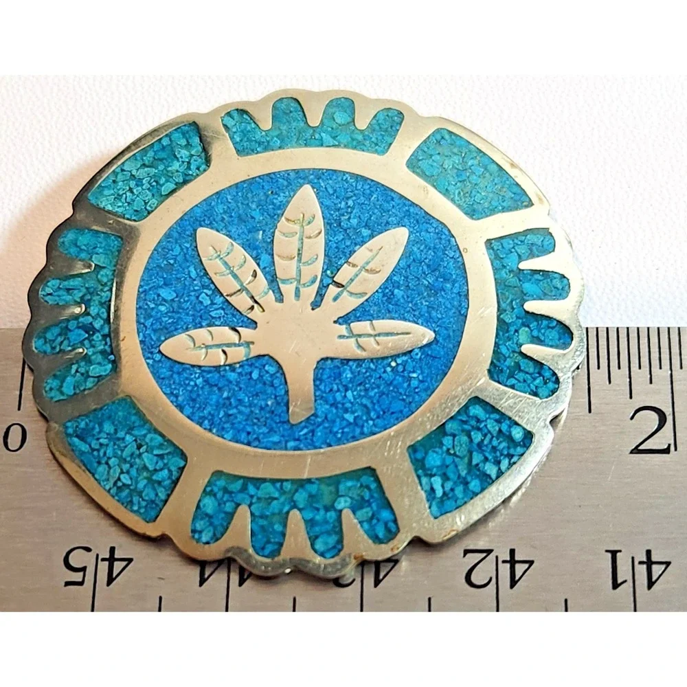 Vintage‎ Sterling Silver & Turquoise Aztec Mayan Signed Alpaca Brooch Pendant